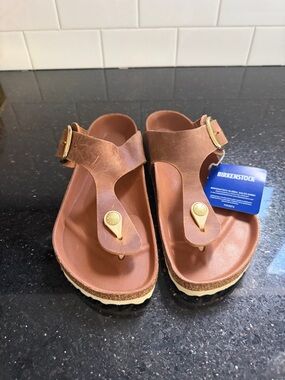 Birkenstock Women’s Brown Leather T-Strap Sandals with Gold Accents